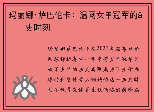 玛丽娜·萨巴伦卡：温网女单冠军的历史时刻